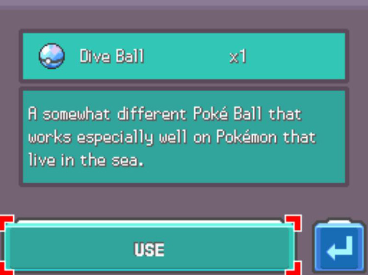 The in-game description of the Dive Ball / Pokémon Platinum