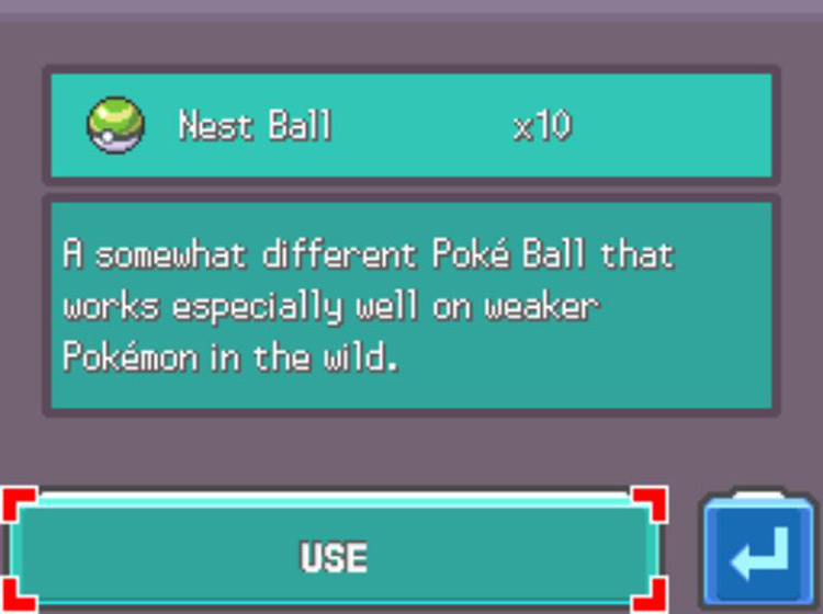 The in-game description of the Nest Ball / Pokémon Platinum