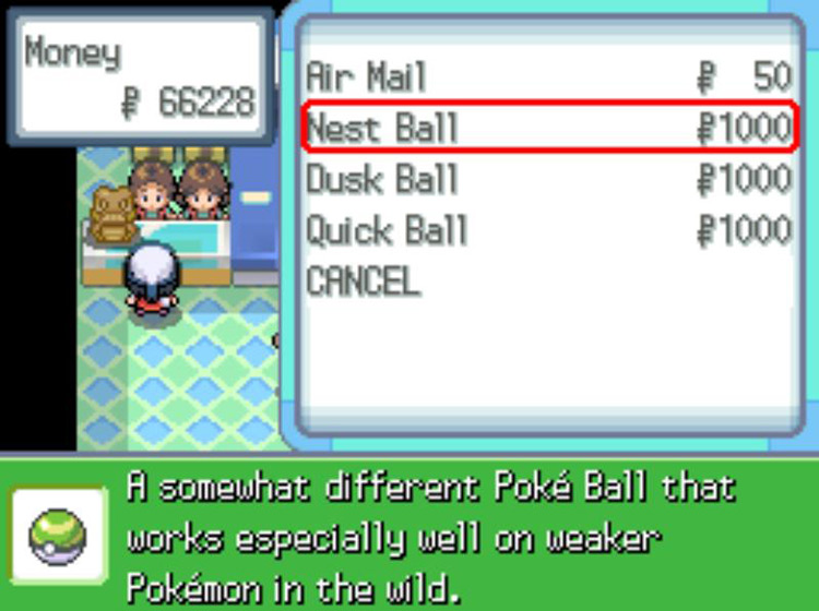 Purchasing Nest Balls in the Pastoria City Poké Mart / Pokémon Platinum