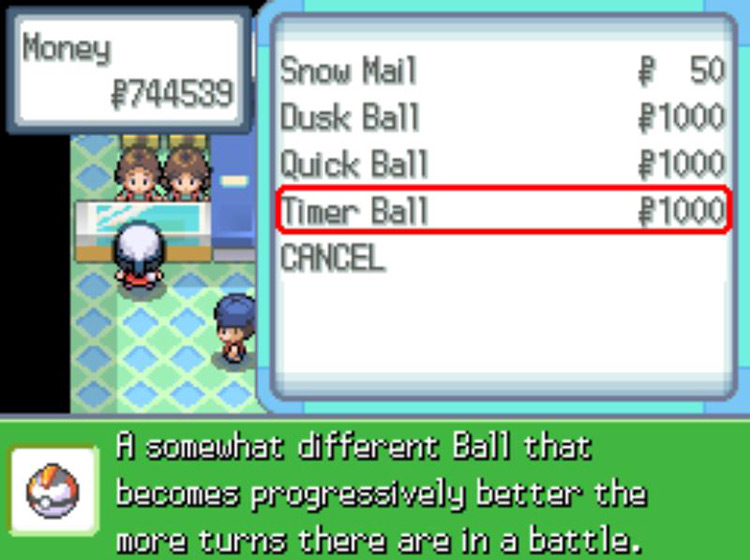 Purchasing Timer Balls in the Snowpoint City Poké Mart / Pokémon Platinum