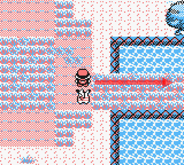 Standing next to a thin grass patch surrounded by water in the east area / Pokémon Yellow