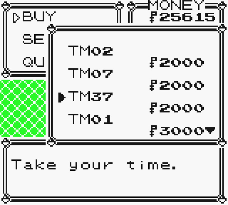 Selecting TM37 Egg Bomb from the purchasable TM List / Pokémon Yellow