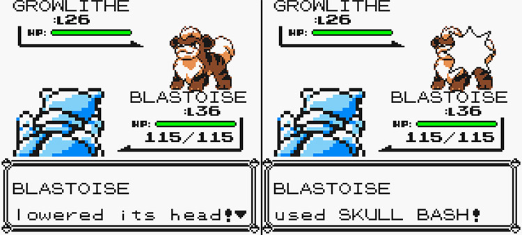 Blastoise using Skull Bash against a wild Growlithe. Blastoise “Lowering its head” on turn 1 (Left) and attacking Growlithe on turn 2. (Right) / Pokémon Yellow