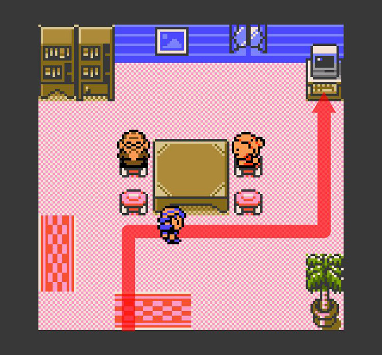 Approaching the PC terminal in the Day Care Center. / Pokémon Crystal