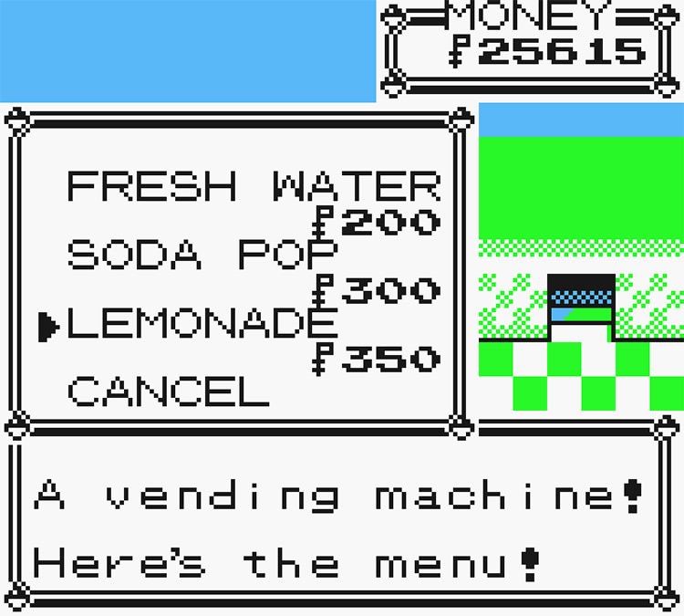 Selecting Lemonade from the vending machine’s purchasable drink list / Pokémon Yellow