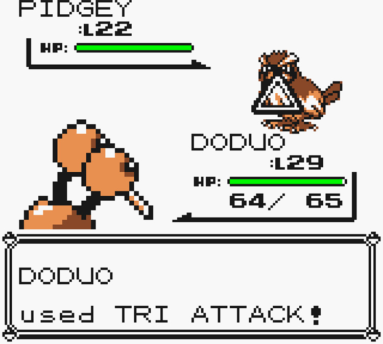 Doduo using Tri Attack against a wild Pidgey / Pokémon Yellow