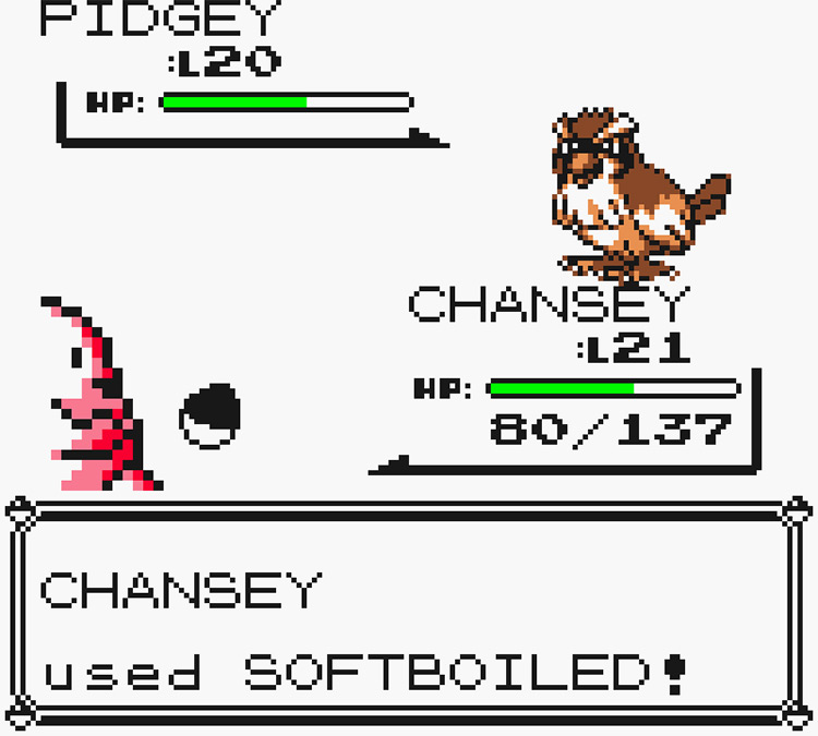 Chansey using Softboiled against a wild Pidgey / Pokémon Yellow