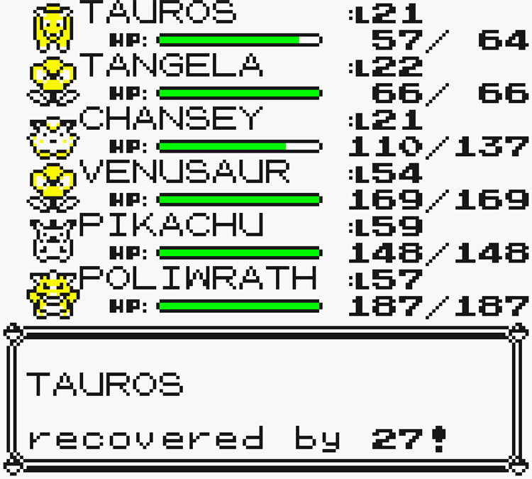 A Tauros in the party being healed by Chansey’s Softboiled / Pokémon Yellow