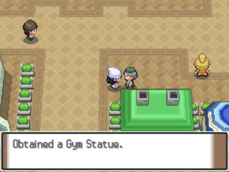 Receiving a Gym Statue as a reward for defeating every Gym Leader in battle. / Pokémon Platinum