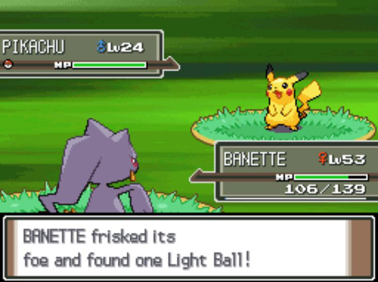 Encountering a Pikachu with its exclusive item, the Light Ball. / Pokémon Platinum