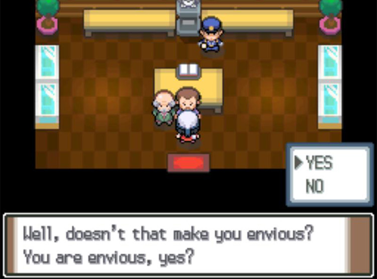 Agreeing with Mr. Backlot to inflate his ego. / Pokémon Platinum