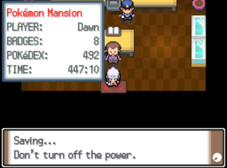 Saving the game before speaking with Mr. Backlot for the first time today. / Pokémon Platinum