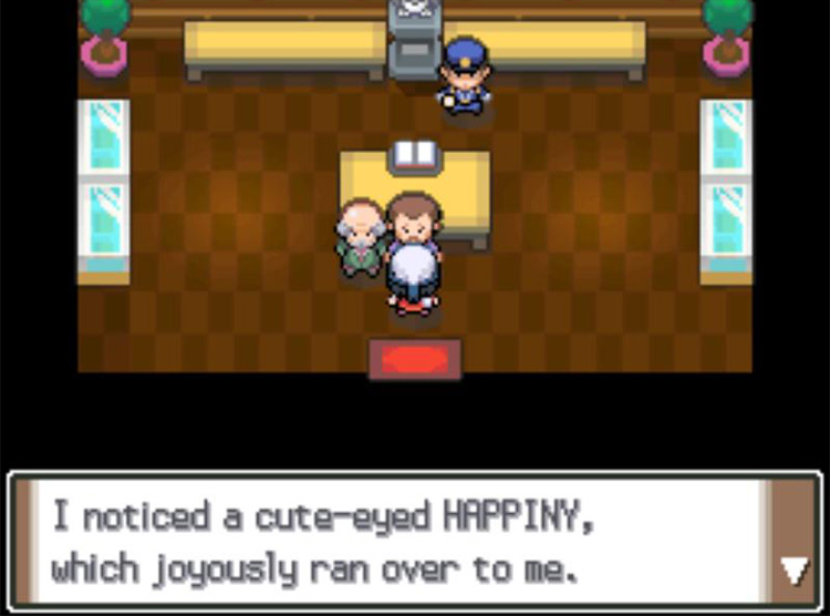 Mr. Backlot bragging about the wild Happiny that are allegedly thriving in his garden. / Pokémon Platinum