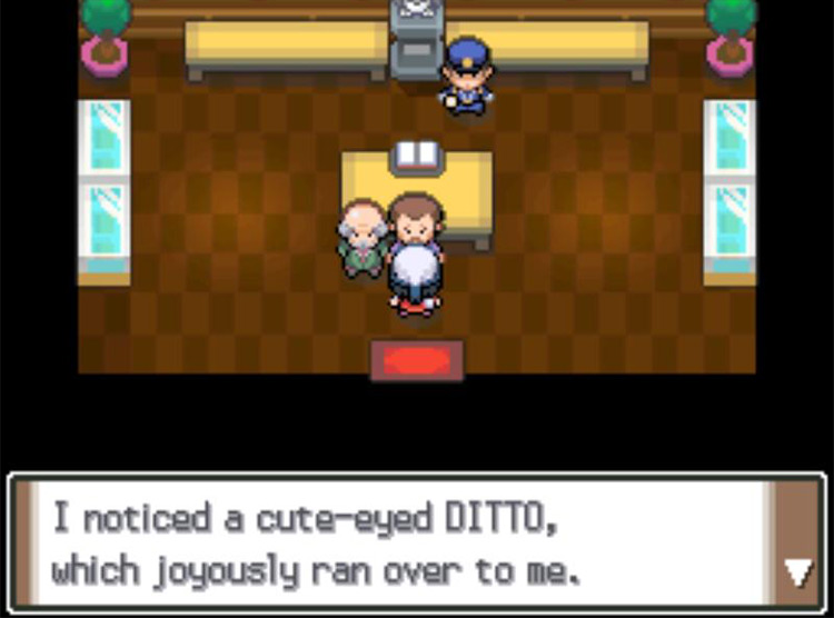 Mr. Backlot mentioning a Ditto after the soft reset. / Pokémon Platinum