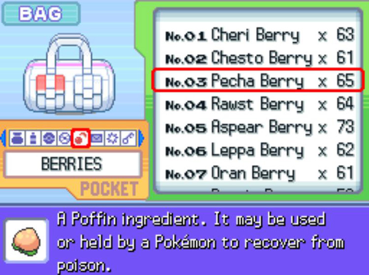 The in-game description of the Pecha Berry / Pokémon Platinum
