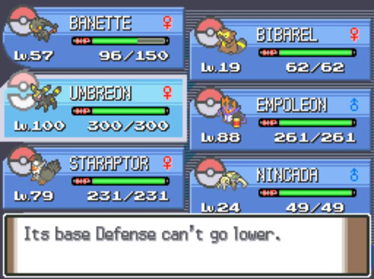Reducing Umbreon’s base Defense stat to 0 / Pokémon Platinum