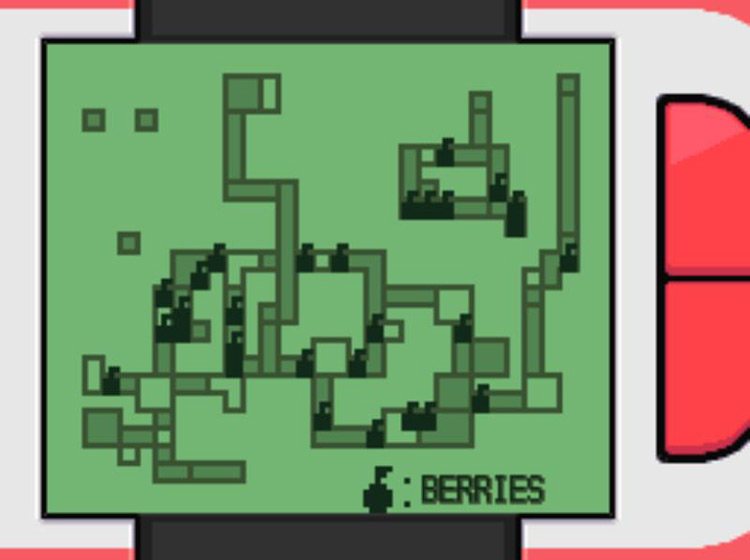 The Berry Searcher app showing several locations of ripe Berries / Pokémon Platinum