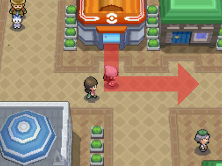 Starting at the Hearthome Pokémon Center and moving eastward down the street / Pokémon Platinum