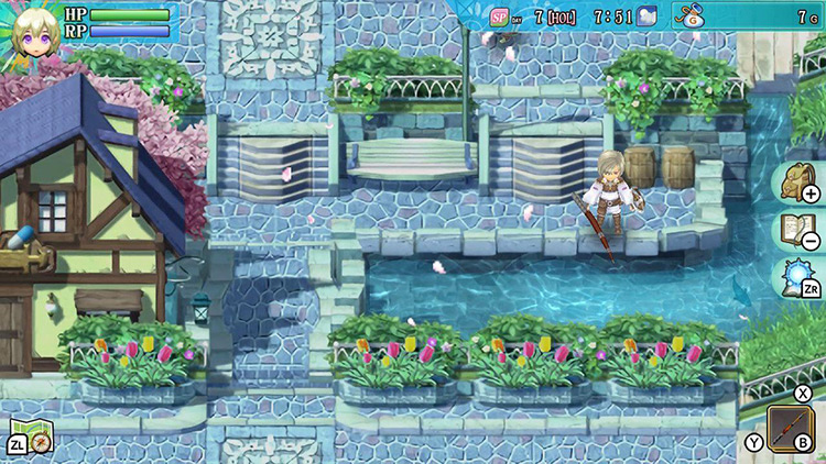 Lest equipped with a Cheap Rod looking at the river in Selphia: Housing Area / Rune Factory 4