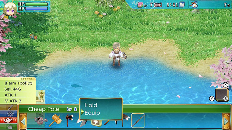 Backpack menu: the Cheap Pole is selected with the Hold/Equip options on screen / Rune Factory 4
