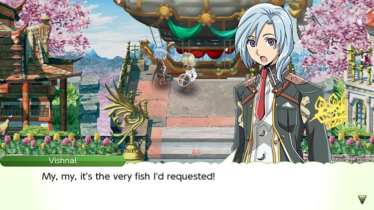 Giving the requested fish to Vishnal at Selphia: Airship Way / Rune Factory 4