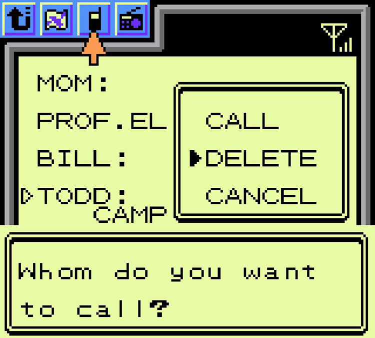 Deleting Camper Todd’s phone number. / Pokémon Crystal