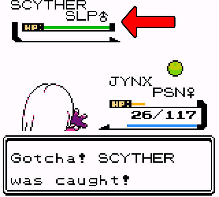 Scyther caught at full health. / Pokémon Crystal