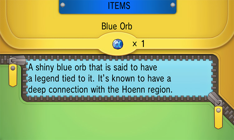 In-game details for the Blue Orb / Pokémon Omega Ruby and Alpha Sapphire