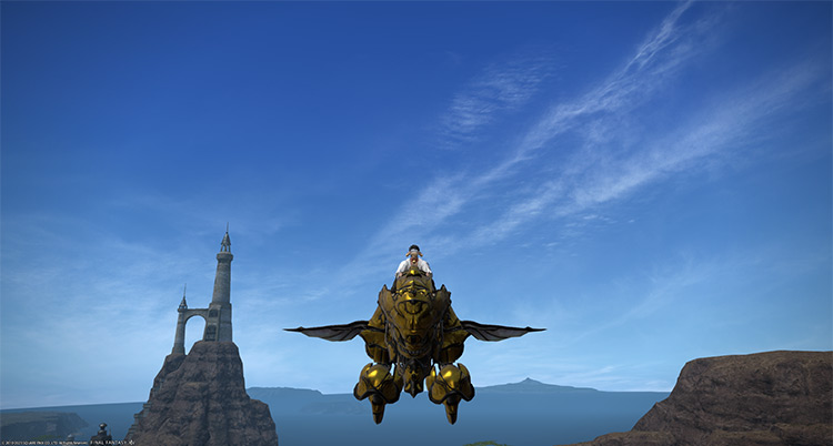 Gilded Magitek Armor in the air / Final Fantasy XIV