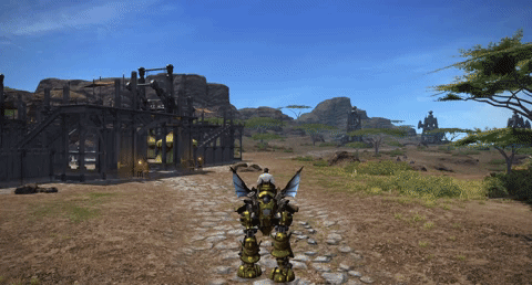 Gilded Magitek Armor flying through Thanalan / Final Fantasy XIV
