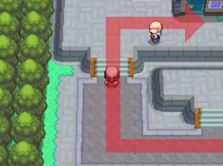 Heading north up the stairs and turning right at the domiciles. / Pokémon Platinum