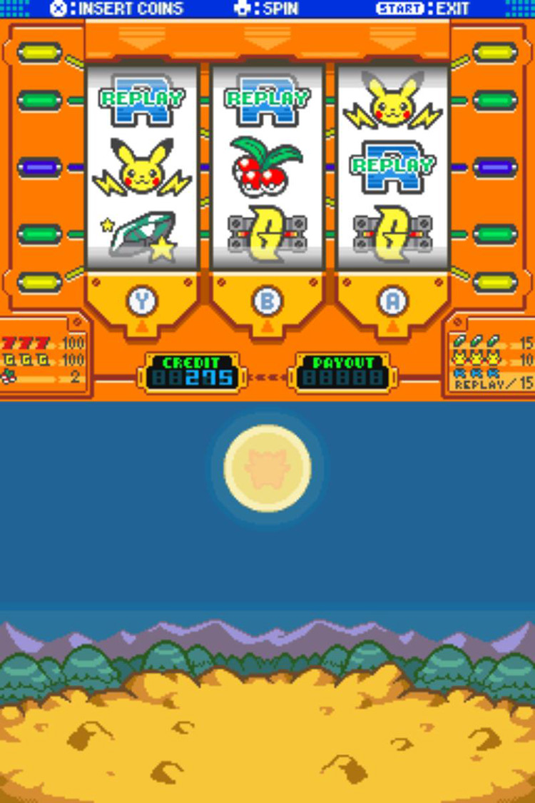 The dual-screen layout of the Game Corner slot machines. / Pokémon Platinum