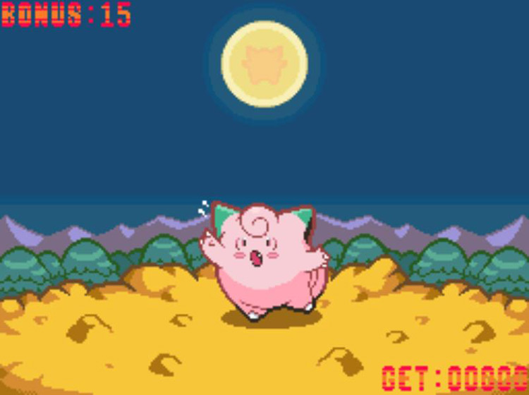 Clefairy pointing to the left, cueing the player to press the Y button. / Pokémon Platinum
