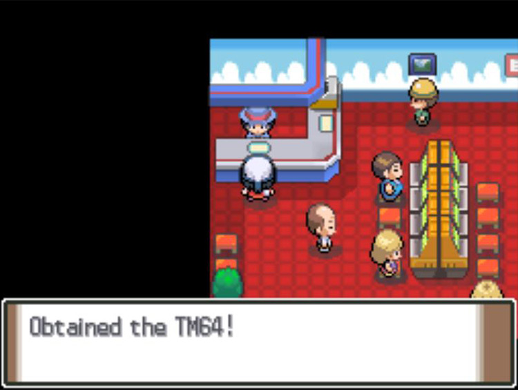 The clerk giving you TM64 as a memento of your streak. / Pokémon Platinum