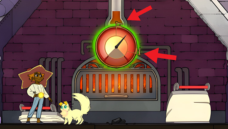 Make sure the indicator stays in the green area while pushing the bellows one either side / Spiritfarer