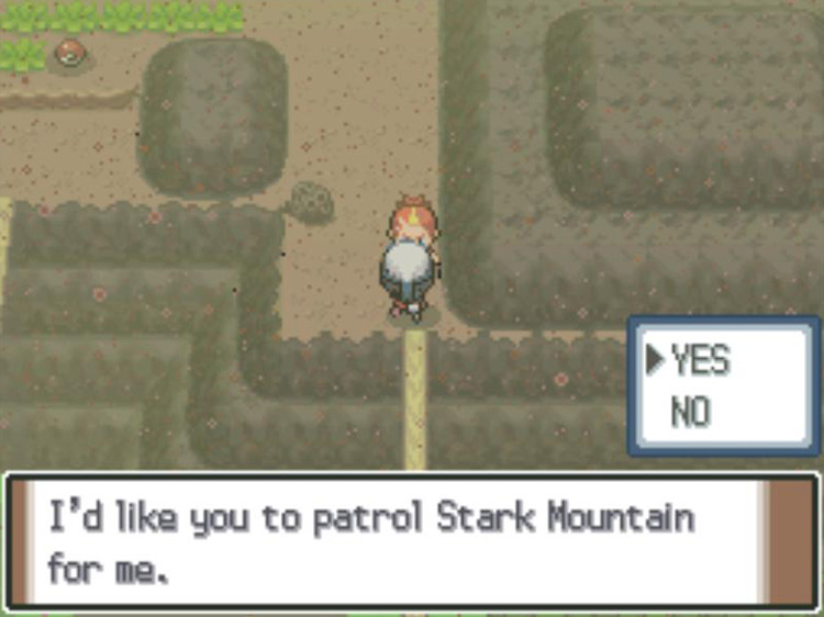 Speaking to Buck on Route 227, at the base of Stark Mountain. / Pokémon Platinum