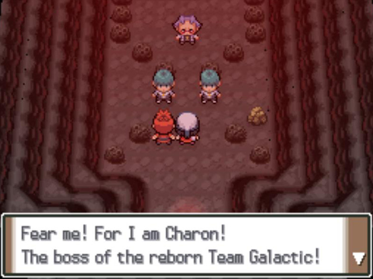 Confronting Team Galactic’s Charon alongside Buck. / Pokémon Platinum