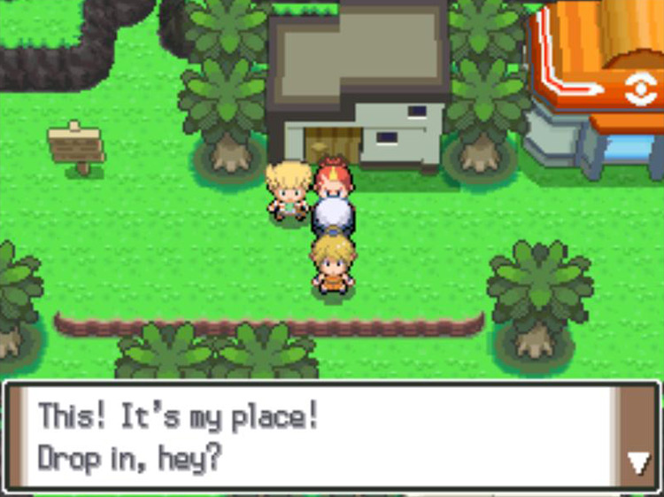 Speaking with Buck in the Survival Area to gain entry to the Battleground. / Pokémon Platinum