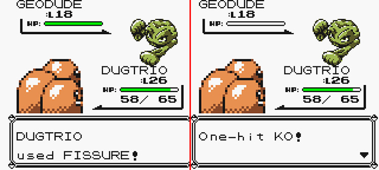 Dugtrio using Fissure against a wild Geodude (Left) and the move resulting in a One-hit KO. (Right) / Pokémon Yellow
