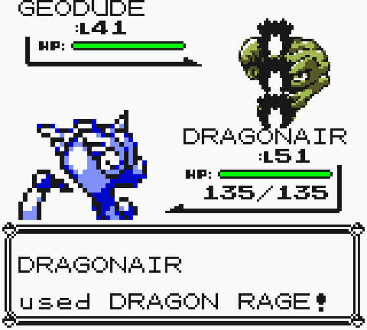 Dragonair using Dragon Rage against a wild Geodude / Pokémon Yellow