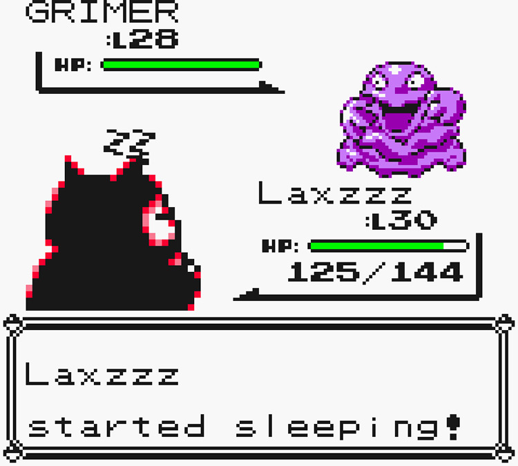 Snorlax using Rest against a trainer’s Grimer / Pokémon Yellow