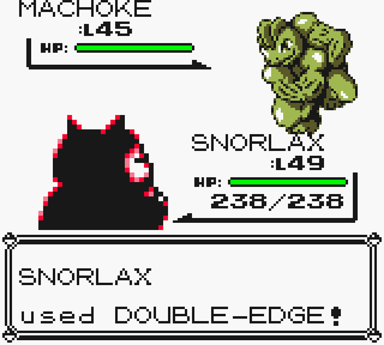 Snorlax using Double-Edge against a wild Machoke / Pokémon Yellow