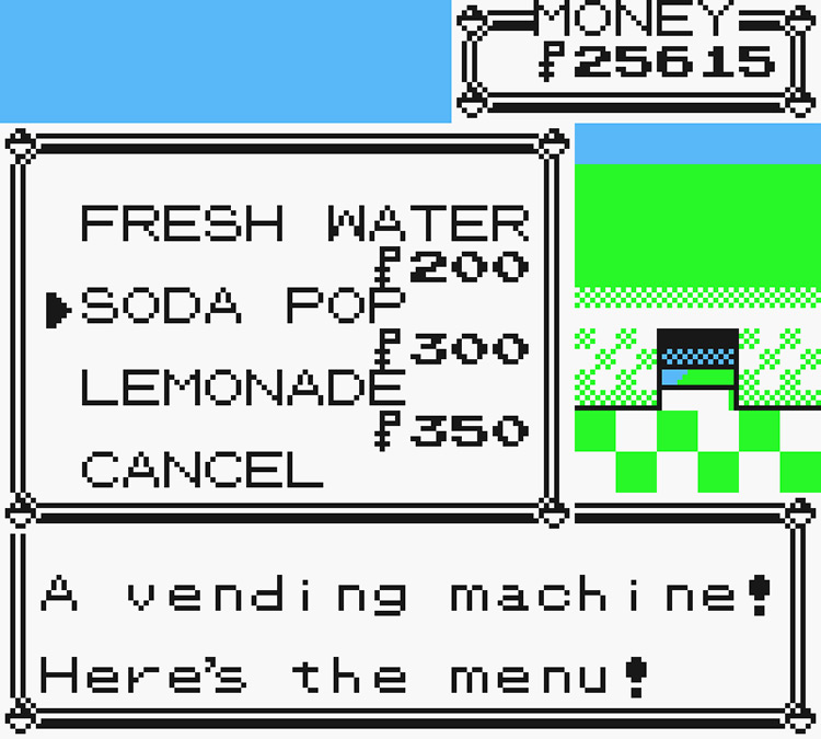 Selecting Soda Pop from the vending machine’s purchasable drink list / Pokémon Yellow