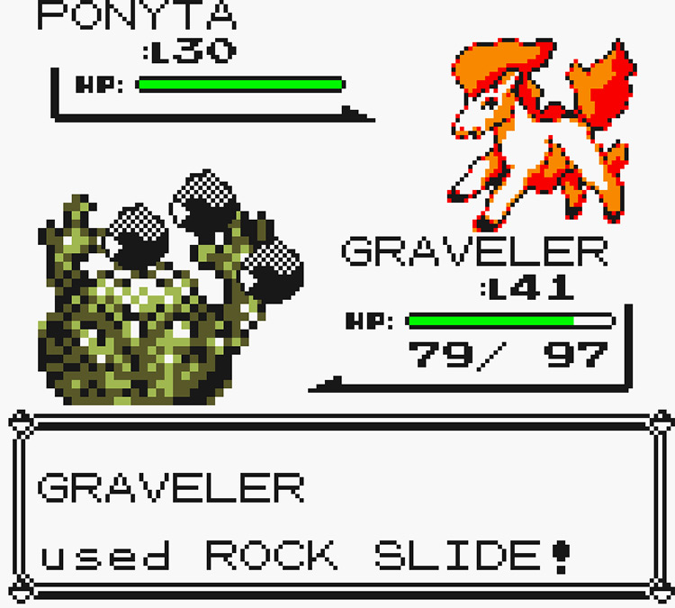 Graveler using Rock Slide against a wild Ponyta / Pokémon Yellow
