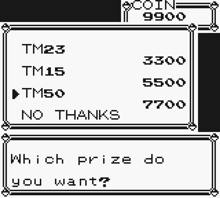 Selecting TM50 from the prize list / Pokémon Yellow