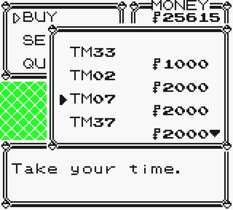 Selecting TM07 Horn Drill from the purchasable TM List / Pokémon Yellow
