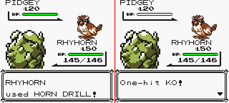Rhyhorn using Horn Drill against a wild Pidgey (Left) and the move resulting in a One-hit KO. (Right) / Pokémon Yellow