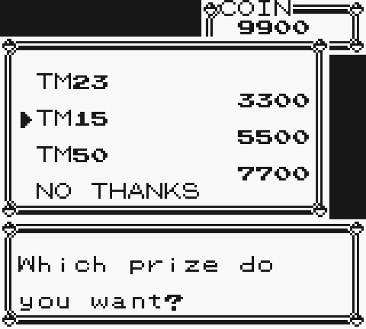 Selecting TM15 from the prize list / Pokémon Yellow