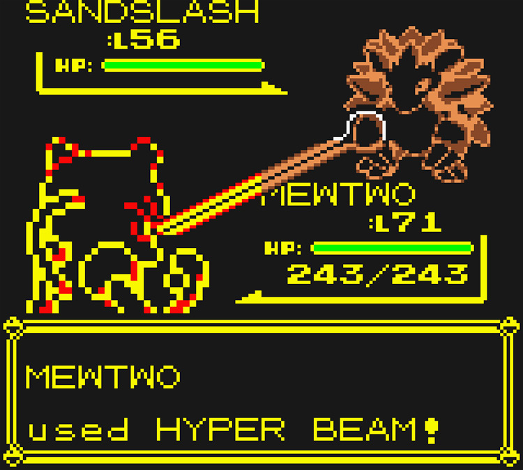 Mewtwo using Hyper Beam against a wild Sandslash / Pokémon Yellow