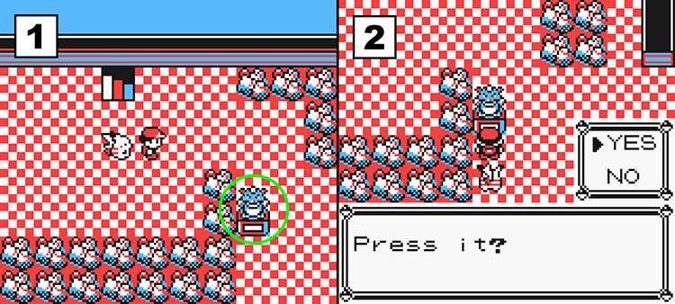 A statue on the 3rd floor (Left) and pressing a secret switch in the statue. (Right) / Pokémon Yellow
